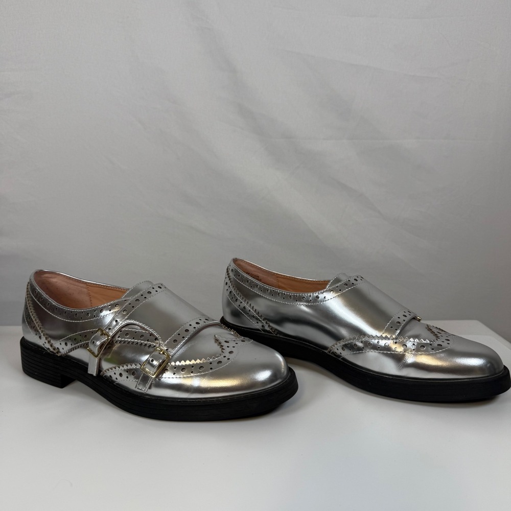 J.Crew Silver Metallic Leather Wingtip Monk Strap Oxford Loafers Shoes Womens 8